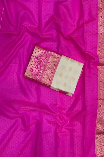 Cream and magenta silk blend saree with intricate zari