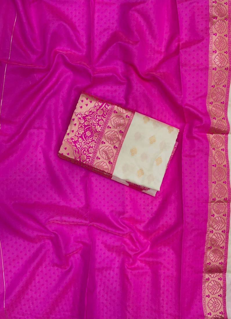 Cream and magenta silk blend saree with intricate zari