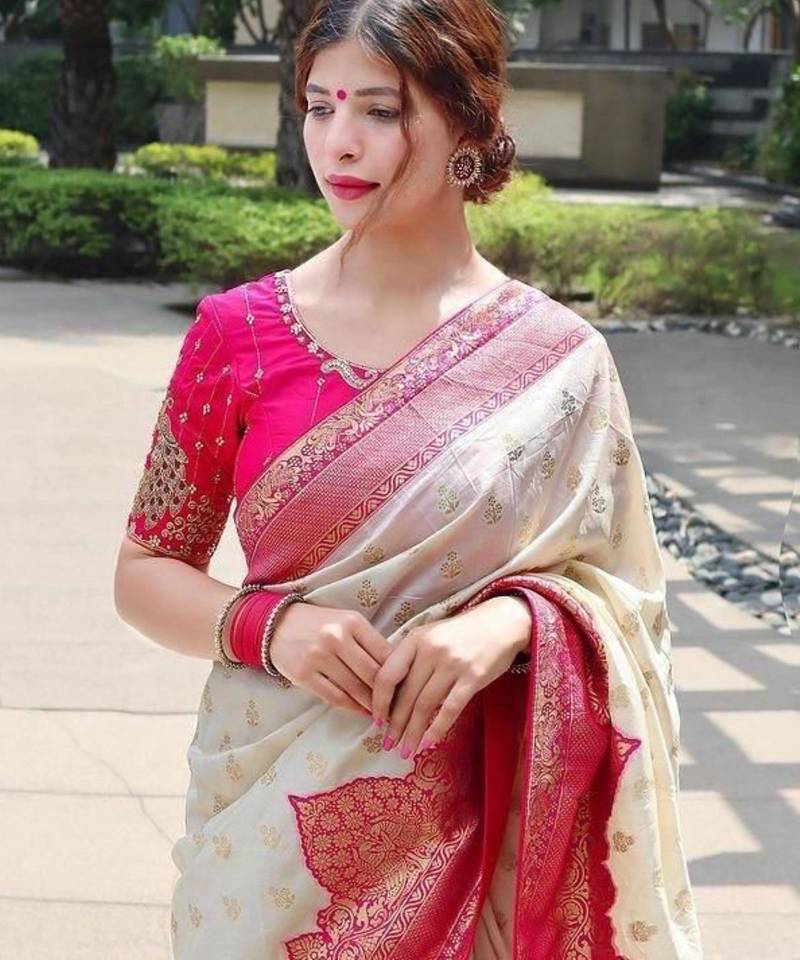 Cream and magenta silk blend saree with intricate zari