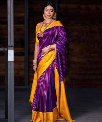 Royal purple and gold striped silk blend saree 1