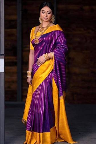 Royal purple and gold striped silk blend saree