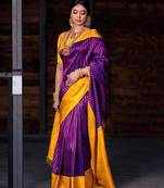Royal purple and gold striped silk blend saree