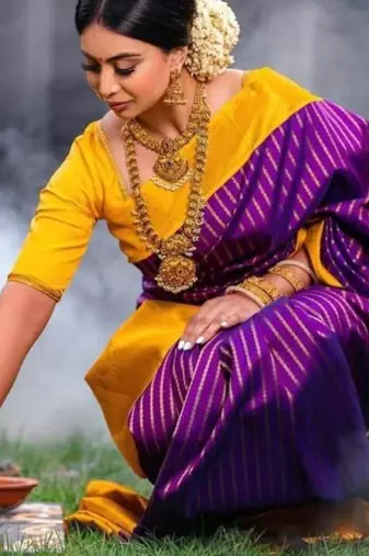 Royal purple and gold striped silk blend saree