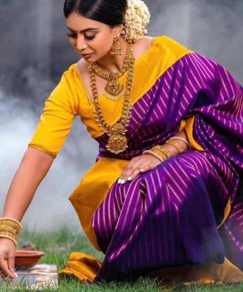 Royal purple and gold striped silk blend saree