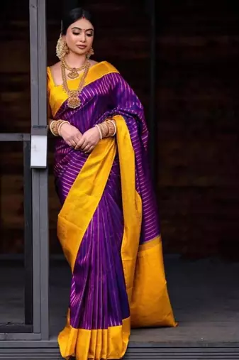Royal purple and gold striped silk blend saree