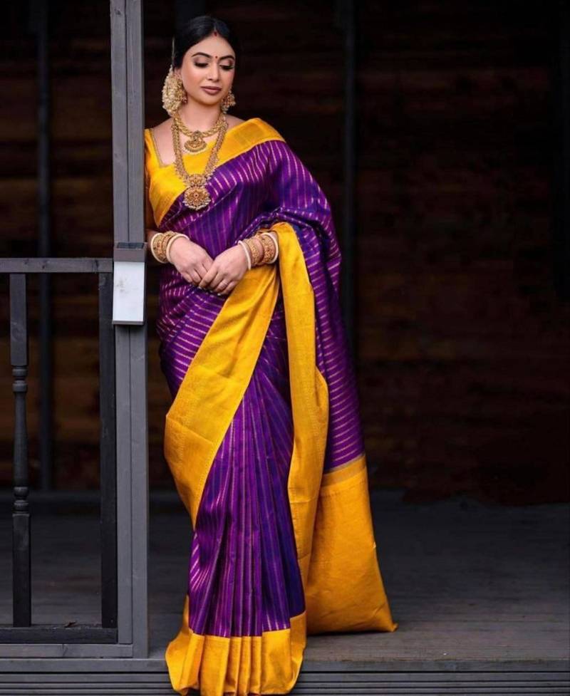 Royal purple and gold striped silk blend saree