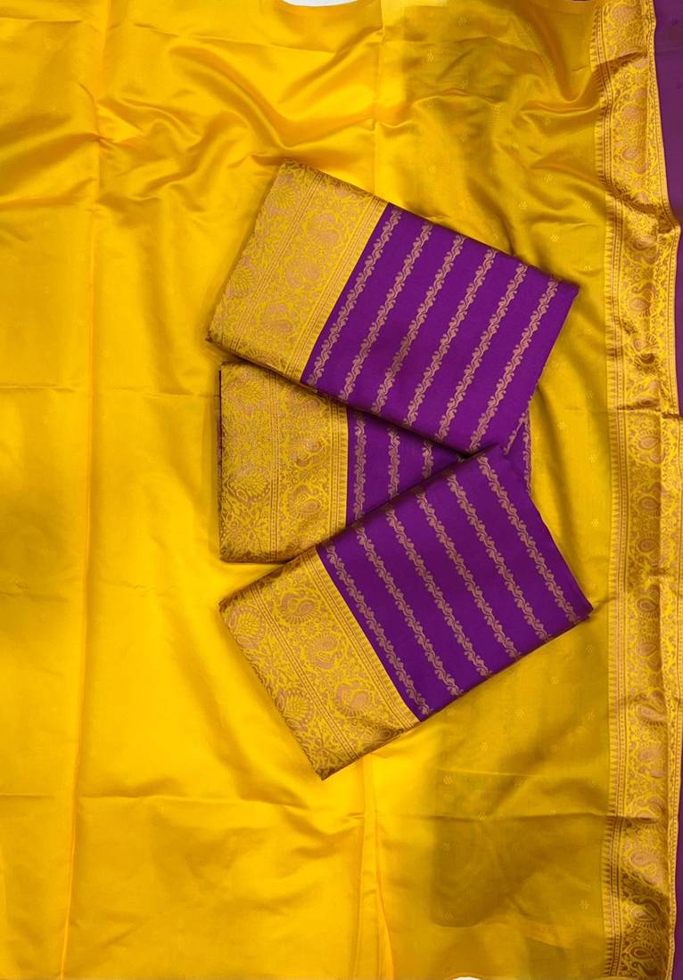 Royal purple and gold striped silk blend saree