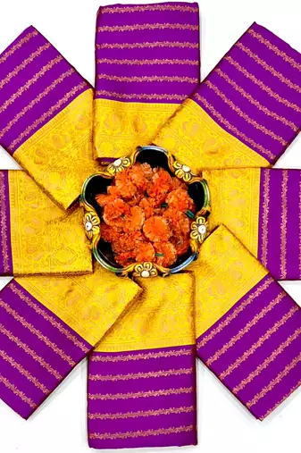 Royal purple and gold striped silk blend saree