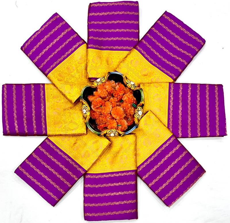 Royal purple and gold striped silk blend saree