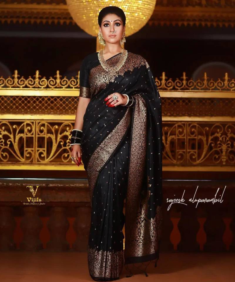 Elegant black silk blend saree with copper brocade work