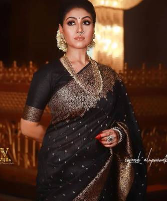 Elegant black silk blend saree with copper brocade work 3