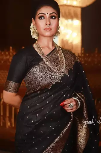 Elegant black silk blend saree with copper brocade work