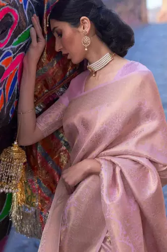 Blush pink silk blend saree with majestic gold brocade