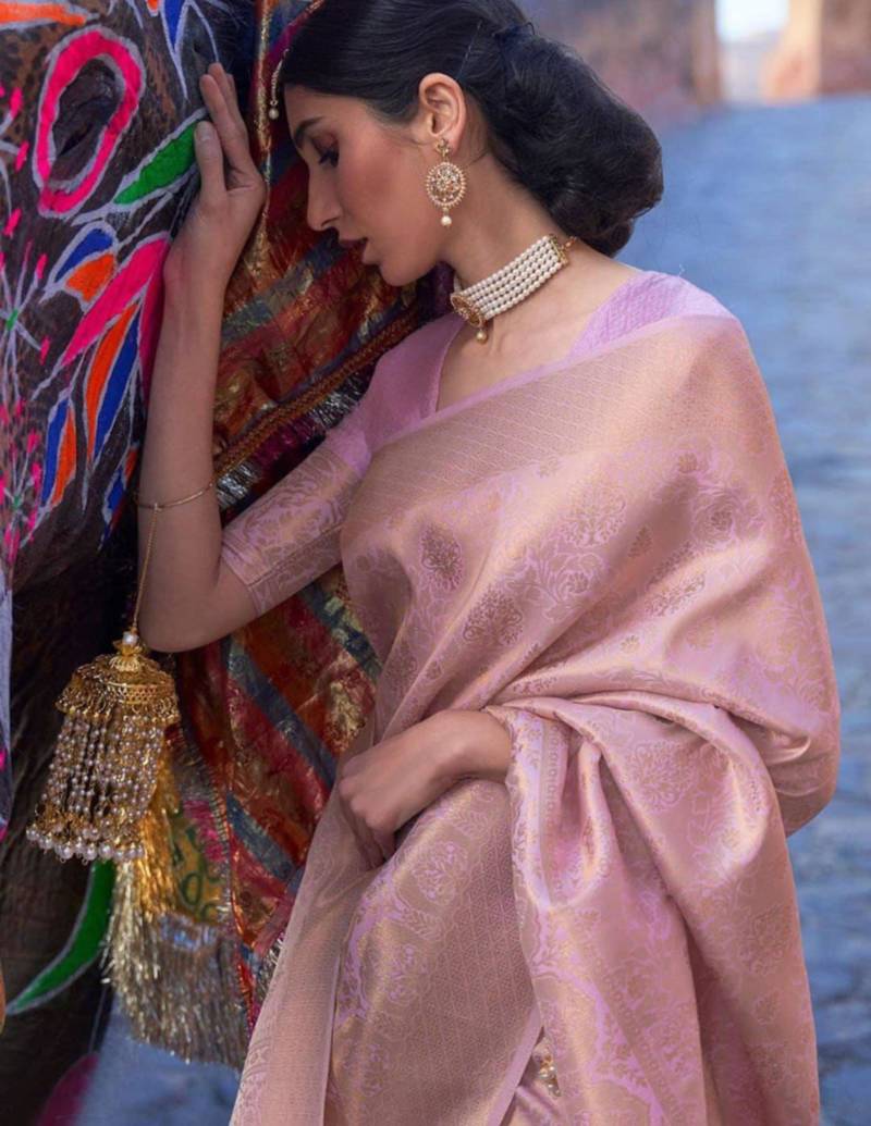 Blush pink silk blend saree with majestic gold brocade