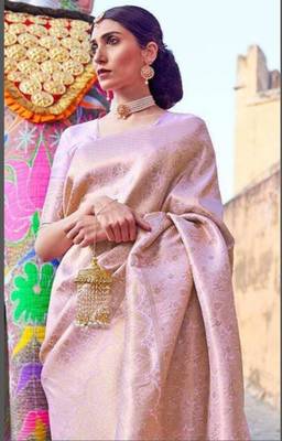 Blush pink silk blend saree with majestic gold brocade 3