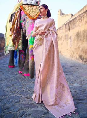 Blush pink silk blend saree with majestic gold brocade 1