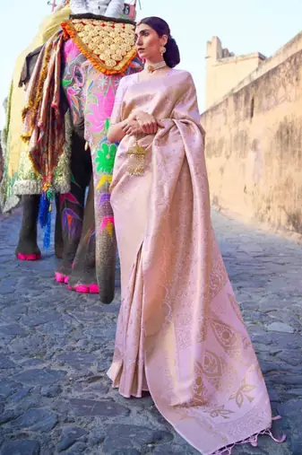 Blush pink silk blend saree with majestic gold brocade