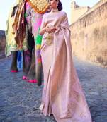 Blush pink silk blend saree with majestic gold brocade