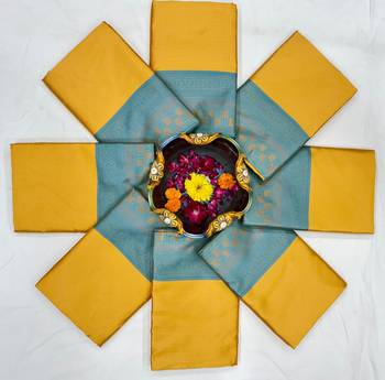 Vibrant mustard yellow and teal silk blend saree 2