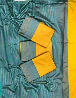 Vibrant mustard yellow and teal silk blend saree 3