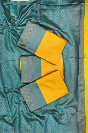 Vibrant mustard yellow and teal silk blend saree