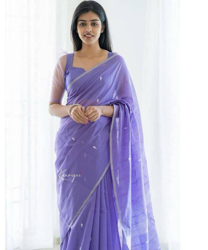 Ethereal lavender silk blend saree with delicate silver motifs
