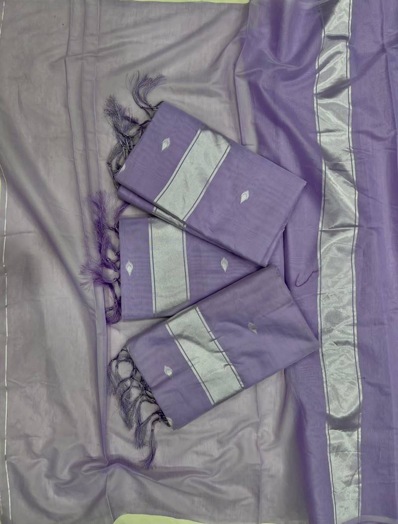 Ethereal lavender silk blend saree with delicate silver motifs
