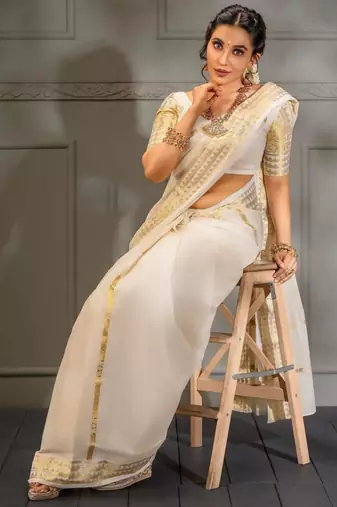 Classic off-white silk blend saree with golden zari border