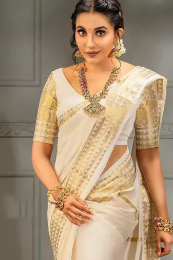 Classic off-white silk blend saree with golden zari border