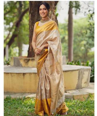 Elegant off white and golden yellow silk blend saree 1