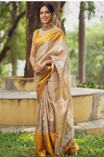 Elegant off white and golden yellow silk blend saree