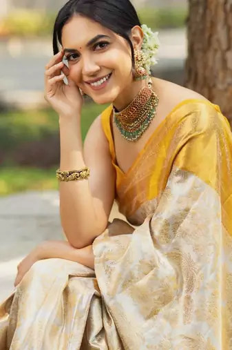 Elegant off white and golden yellow silk blend saree