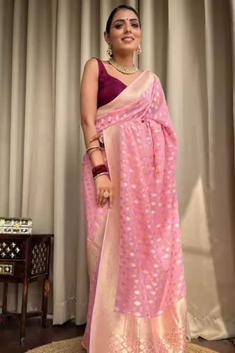 Pink silk blend saree with gold woven teardrop motifs