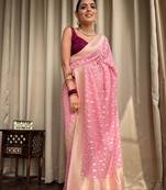 Pink silk blend saree with gold woven teardrop motifs