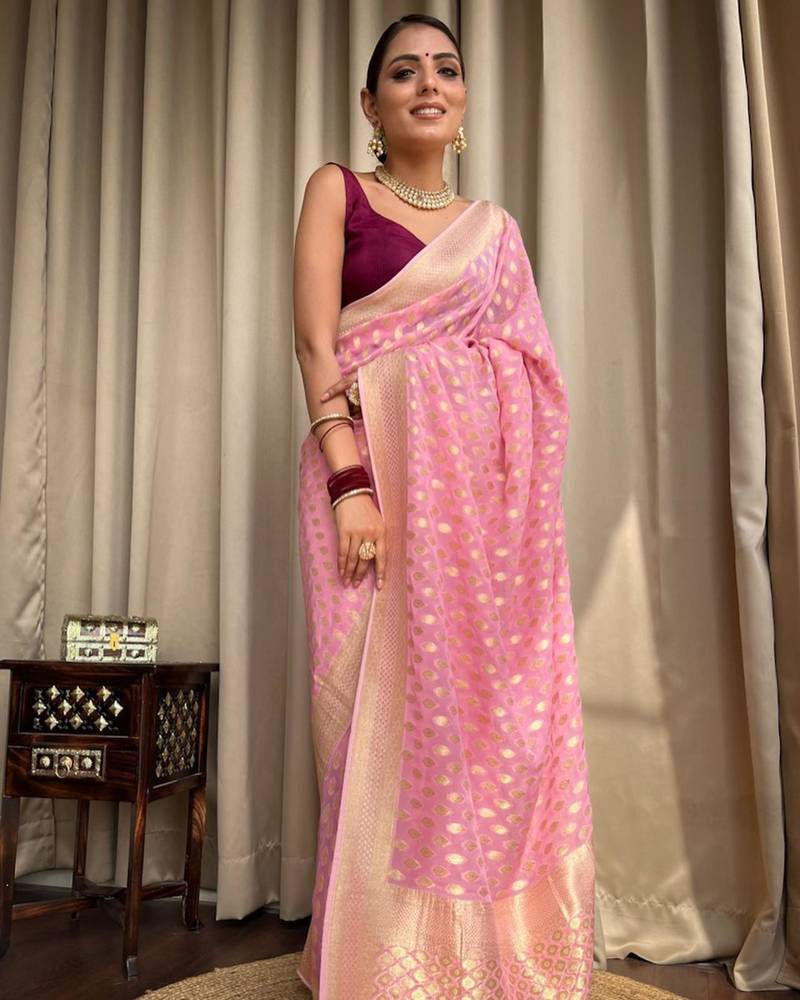 Pink silk blend saree with gold woven teardrop motifs