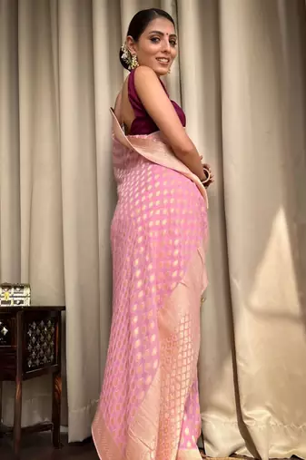 Pink silk blend saree with gold woven teardrop motifs