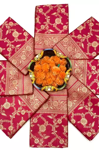 Magenta pink silk blend saree with heavy gold floral weaving