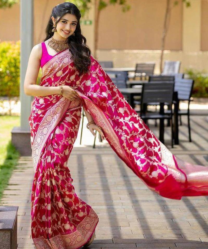 Magenta pink silk blend saree with heavy gold floral weaving