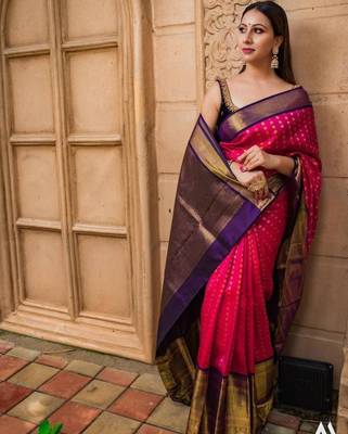 Pink saree with contrasting deep purple silk blend border 1