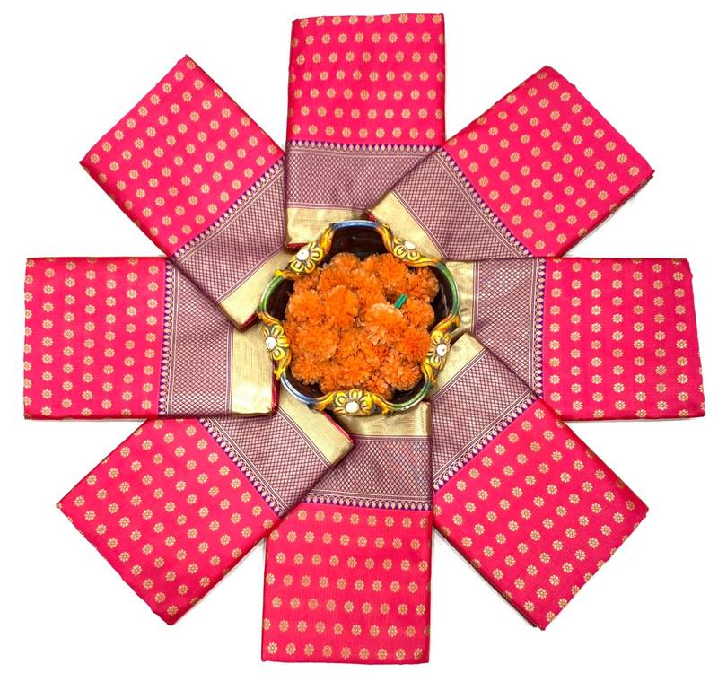 Pink saree with contrasting deep purple silk blend border