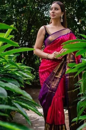 Pink saree with contrasting deep purple silk blend border