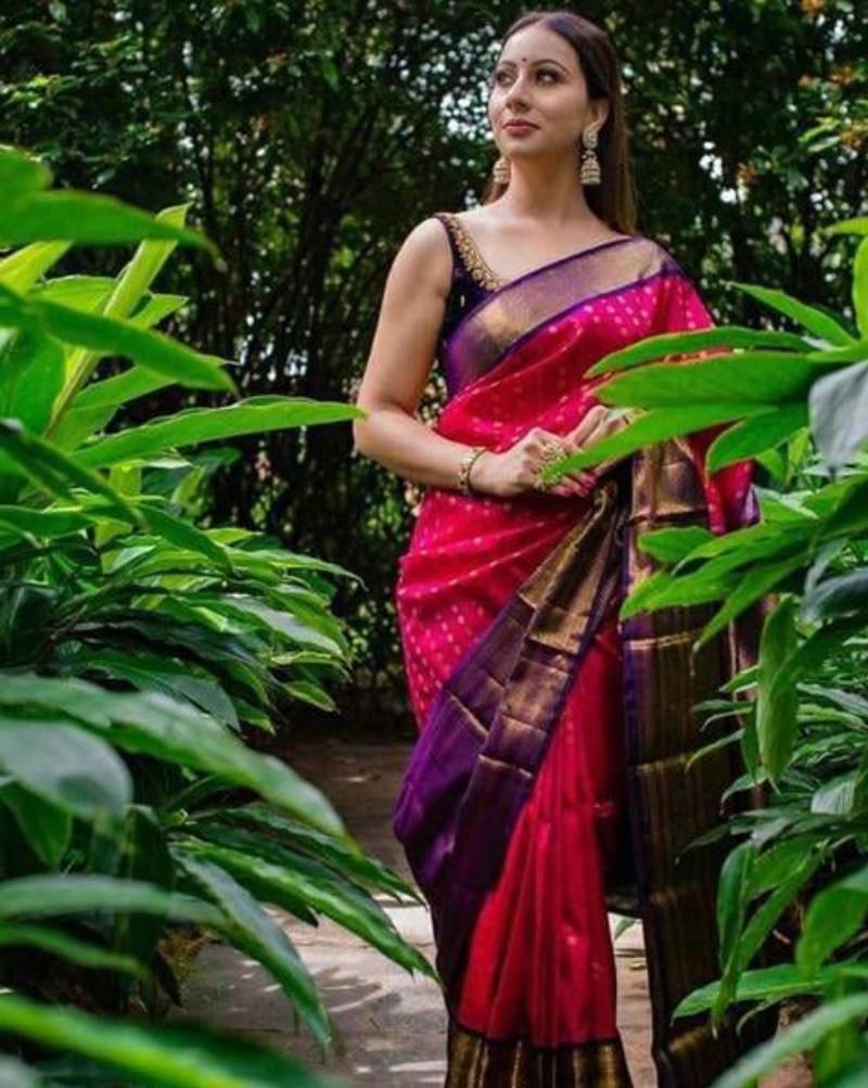 Pink saree with contrasting deep purple silk blend border