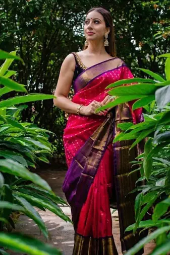 Pink saree with contrasting deep purple silk blend border