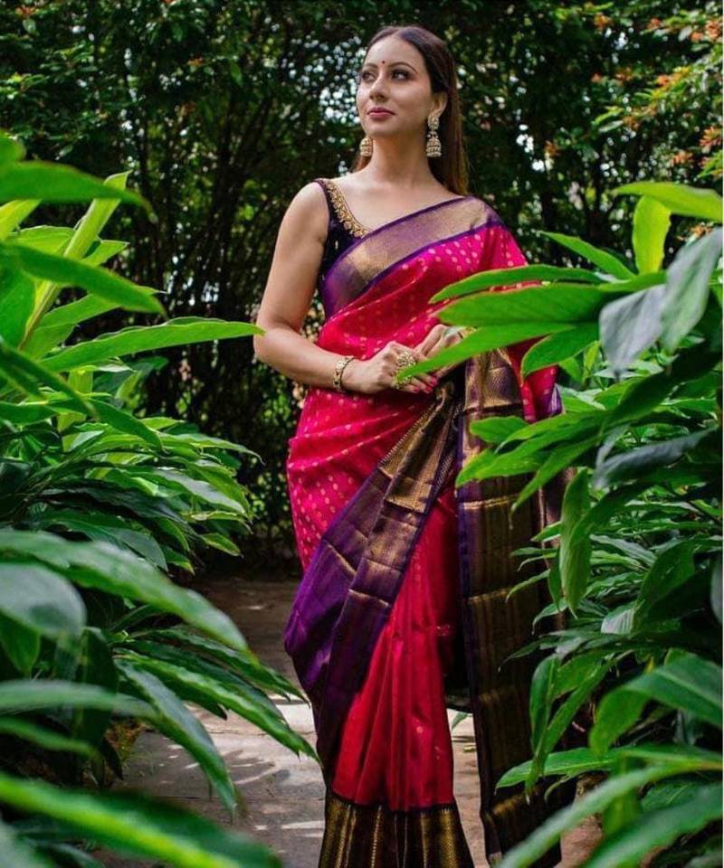 Pink saree with contrasting deep purple silk blend border