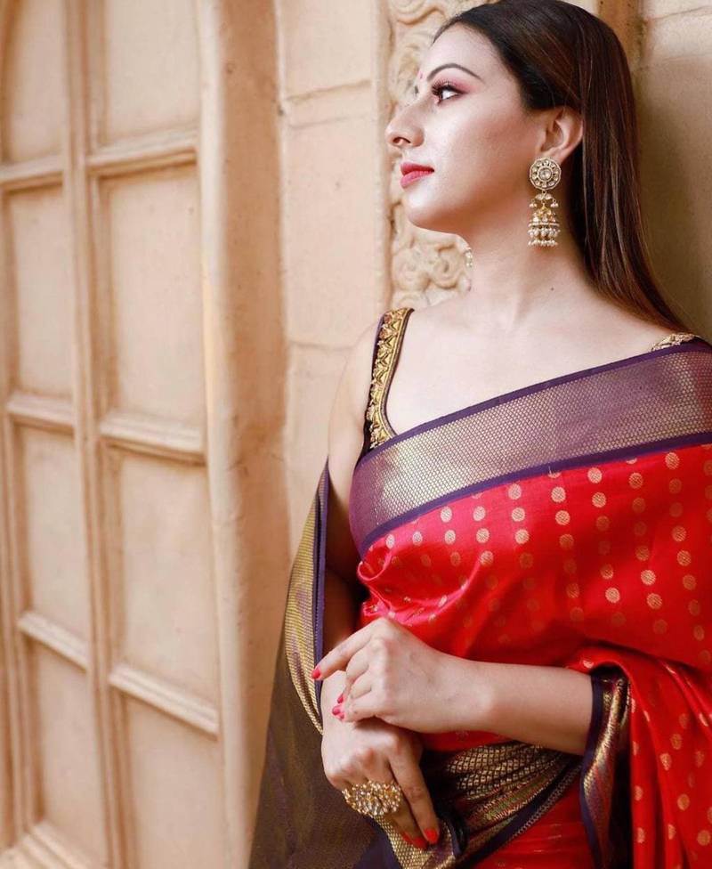 Pink saree with contrasting deep purple silk blend border