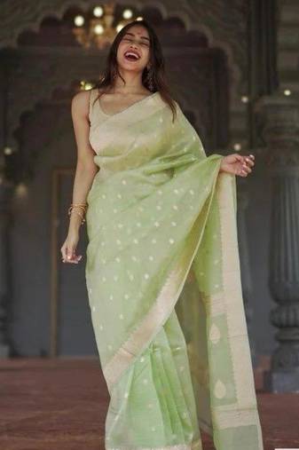 Pastel mint green silk blend saree with silver motifs