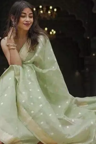 Pastel mint green silk blend saree with silver motifs