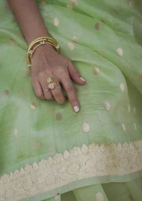 Pastel mint green silk blend saree with silver motifs 5