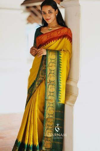 Vibrant mustard yellow silk blend saree