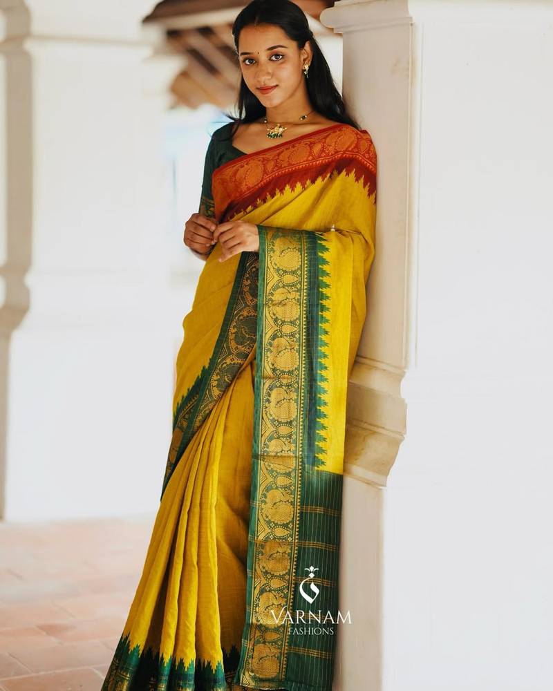 Vibrant mustard yellow silk blend saree